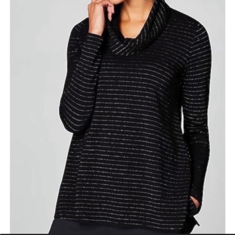 J. Jill Wearever Black Metallic Silver Stripe Cowl Neck Sweater XS Petite